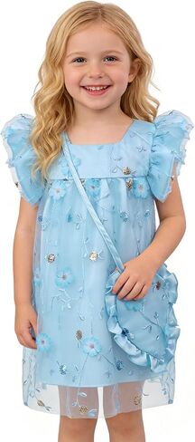 AGQT Toddler Girls Floral Dress Square Neck Puff Sleeve A-Line Smocked Dress with Bag Toddler Girls Summer Dress 12M-7T in Saudi Arabia
