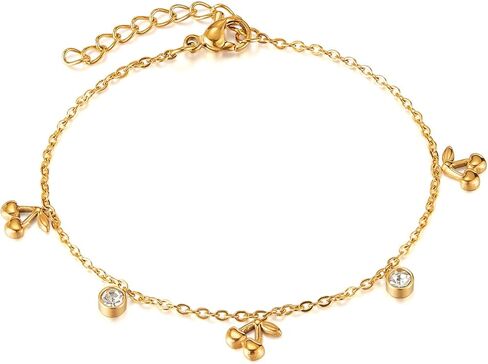 Thin Gold Cherry Bracelets for Women, 14K Gold Plated Charm Bracelet 6.7" + 2" Adjustable Chain with Cubic Zirconia Dainty Stainless Titanium Steel Bracelets Minimalist Bracelet for Wife, Girlfriend in Saudi Arabia