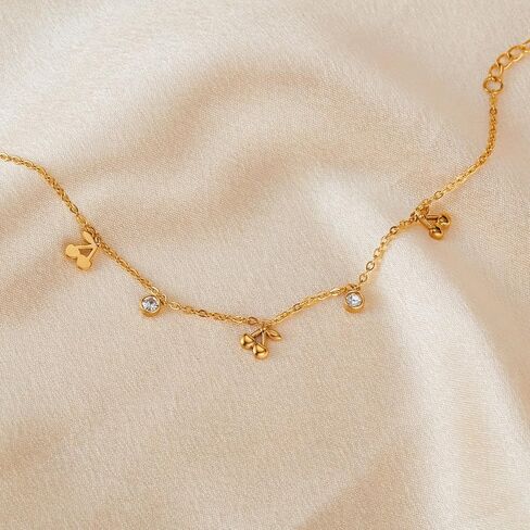 Thin Gold Cherry Bracelets for Women, 14K Gold Plated Charm Bracelet 6.7" + 2" Adjustable Chain with Cubic Zirconia Dainty Stainless Titanium Steel Bracelets Minimalist Bracelet for Wife, Girlfriend in Saudi Arabia