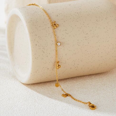 Thin Gold Cherry Bracelets for Women, 14K Gold Plated Charm Bracelet 6.7" + 2" Adjustable Chain with Cubic Zirconia Dainty Stainless Titanium Steel Bracelets Minimalist Bracelet for Wife, Girlfriend in Saudi Arabia