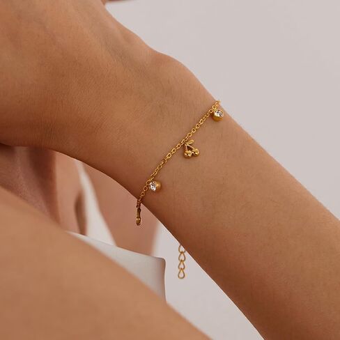 Thin Gold Cherry Bracelets for Women, 14K Gold Plated Charm Bracelet 6.7" + 2" Adjustable Chain with Cubic Zirconia Dainty Stainless Titanium Steel Bracelets Minimalist Bracelet for Wife, Girlfriend in Saudi Arabia