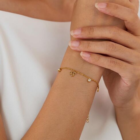 Thin Gold Cherry Bracelets for Women, 14K Gold Plated Charm Bracelet 6.7" + 2" Adjustable Chain with Cubic Zirconia Dainty Stainless Titanium Steel Bracelets Minimalist Bracelet for Wife, Girlfriend in Saudi Arabia