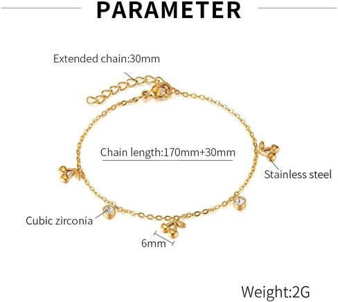 Thin Gold Cherry Bracelets for Women, 14K Gold Plated Charm Bracelet 6.7" + 2" Adjustable Chain with Cubic Zirconia Dainty Stainless Titanium Steel Bracelets Minimalist Bracelet for Wife, Girlfriend in Saudi Arabia