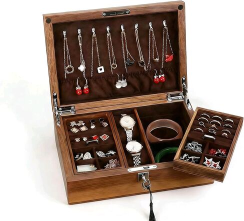 Bescott 2 طبقة الصلبة الجوز الأسود صندوق مجوهرات خشبي للنساء الخشب خمر المنظم للرجال أقراط خواتم القلائد سوار ساعة تخزين هدية عيد الأم in Kuwait