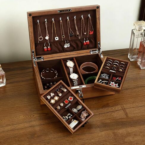 Bescott 2 طبقة الصلبة الجوز الأسود صندوق مجوهرات خشبي للنساء الخشب خمر المنظم للرجال أقراط خواتم القلائد سوار ساعة تخزين هدية عيد الأم in Kuwait