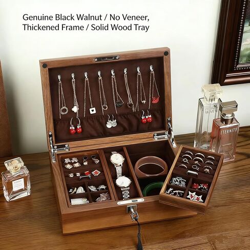 Bescott 2 طبقة الصلبة الجوز الأسود صندوق مجوهرات خشبي للنساء الخشب خمر المنظم للرجال أقراط خواتم القلائد سوار ساعة تخزين هدية عيد الأم in Kuwait