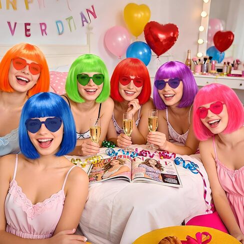 6 عبوات من باروكات بوب قصيرة ملونة ومجموعة 6 قطع من النظارات الشمسية على شكل قلب، باروكة شعر ملونة للحفلات التنكرية للنساء (داكنة) in Kuwait