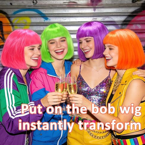 6 عبوات من باروكات بوب قصيرة ملونة ومجموعة 6 قطع من النظارات الشمسية على شكل قلب، باروكة شعر ملونة للحفلات التنكرية للنساء (داكنة) in Kuwait