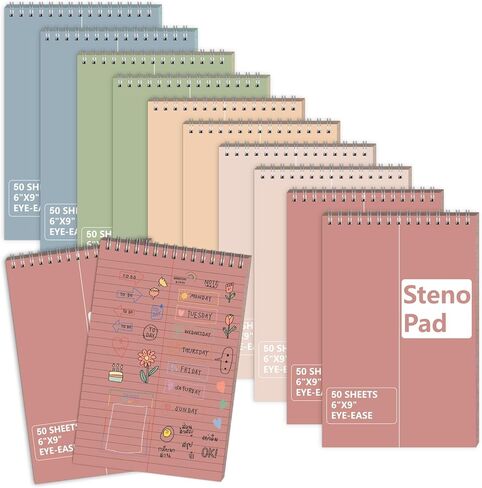 10 Pack 6X9 Pastel Steno Pads Gregg Ruled Spiral Notebook Top Spiral Notepad Colored Steno Pads Pastel Colored Notepads Color Paper 50 Sheets for School College Office(Red Pink Blue Green Flesh) in Kuwait