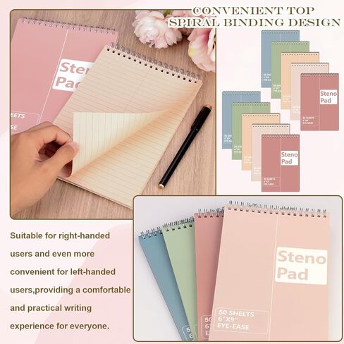 10 Pack 6X9 Pastel Steno Pads Gregg Ruled Spiral Notebook Top Spiral Notepad Colored Steno Pads Pastel Colored Notepads Color Paper 50 Sheets for School College Office(Red Pink Blue Green Flesh) in Kuwait