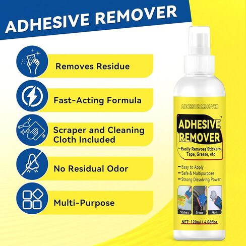 بخاخ مزيل لاصق من تيبيتلي، 4.06 أونصة، مزيل ملصقات بمكشطة بلاستيكية و10 شفرات، للشريط والملصقات والسيليكون وبقايا اللثة والشمع، آمن على الزجاج والمعادن والبلاستيك والخشب والأسطح الصلبة in Kuwait