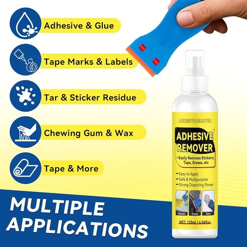 بخاخ مزيل لاصق من تيبيتلي، 4.06 أونصة، مزيل ملصقات بمكشطة بلاستيكية و10 شفرات، للشريط والملصقات والسيليكون وبقايا اللثة والشمع، آمن على الزجاج والمعادن والبلاستيك والخشب والأسطح الصلبة in Kuwait