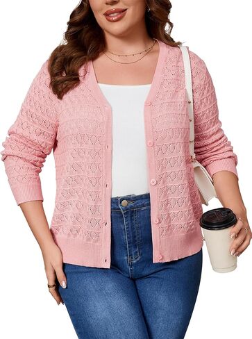 Yesfashion 2026 Spring Womens Plus Size Crochet Cardigan Lightweight Sweater Long Sleeve Open Front Knitted Cover Ups in Saudi Arabia
