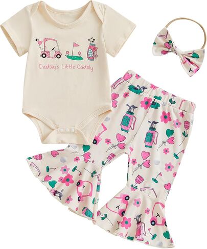 Newborn Baby Girl Golf Outfit Baby Golf Clubs Short Sleeve Romper Golf Cart Flare Pants Set 3Pcs Infant Summer Clothes in Kuwait