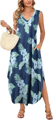 JollieLovin Women Plus Size Summer Tank Maxi Dresses Sleeveless Causal V Neck Beach Long Dresses Swim Cover up (L-5X) in Kuwait