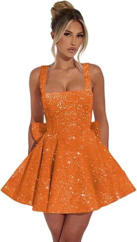 فساتين العودة للوطن الترتر سباركلي خط السباغيتي الأشرطة فستان حفلة موسيقية قصيرة مع القوس مربع الرقبة مساء ثوب الكرة in Kuwait