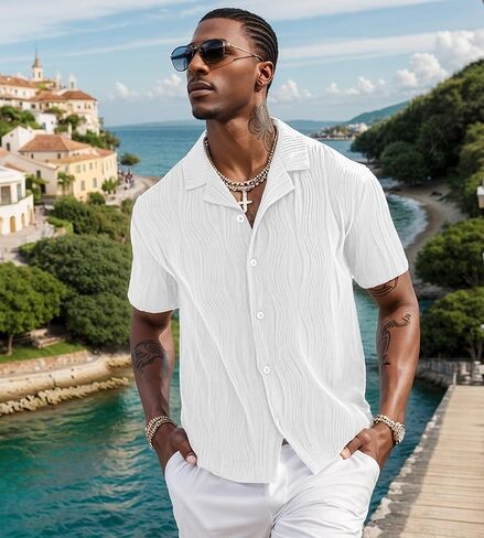 UOUA Men's Summer Button Down Shirts Short Sleeve Textured Beach Shirt Casual Hawaiian Vacation Tops in Saudi Arabia