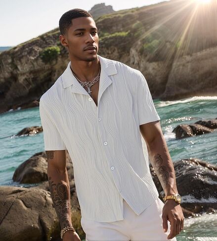 UOUA Men's Summer Button Down Shirts Short Sleeve Textured Beach Shirt Casual Hawaiian Vacation Tops in Saudi Arabia