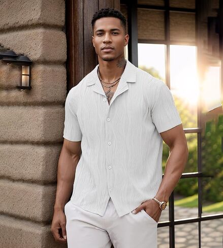 UOUA Men's Summer Button Down Shirts Short Sleeve Textured Beach Shirt Casual Hawaiian Vacation Tops in Saudi Arabia