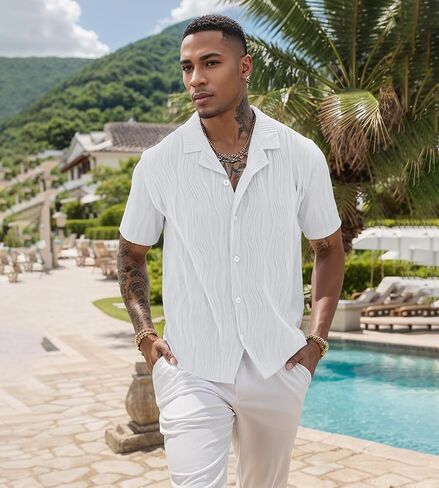 UOUA Men's Summer Button Down Shirts Short Sleeve Textured Beach Shirt Casual Hawaiian Vacation Tops in Saudi Arabia