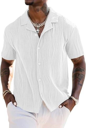 UOUA Men's Summer Button Down Shirts Short Sleeve Textured Beach Shirt Casual Hawaiian Vacation Tops in Kuwait