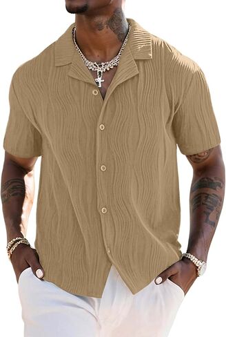 UOUA Men's Summer Button Down Shirts Short Sleeve Textured Beach Shirt Casual Hawaiian Vacation Tops in Saudi Arabia