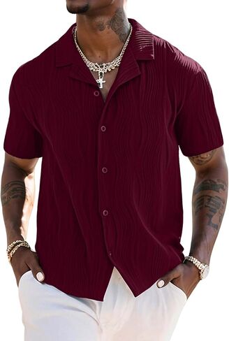 UOUA Men's Summer Button Down Shirts Short Sleeve Textured Beach Shirt Casual Hawaiian Vacation Tops in Saudi Arabia