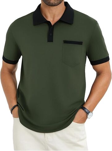 Men's Casual Polo Shirts Summer Short Sleeve Contrast Collar Buttoned Tee Polo Shirt with Pocket in Saudi Arabia