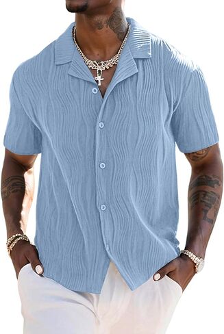 UOUA Men's Summer Button Down Shirts Short Sleeve Textured Beach Shirt Casual Hawaiian Vacation Tops in Saudi Arabia