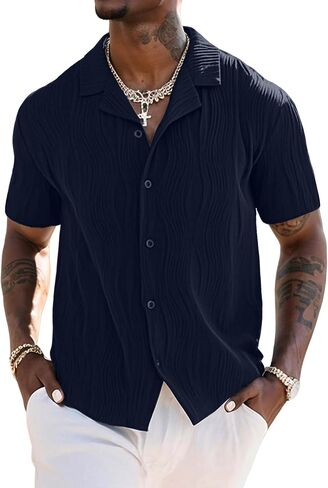 UOUA Men's Summer Button Down Shirts Short Sleeve Textured Beach Shirt Casual Hawaiian Vacation Tops in Saudi Arabia