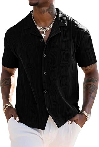UOUA Men's Summer Button Down Shirts Short Sleeve Textured Beach Shirt Casual Hawaiian Vacation Tops in Saudi Arabia