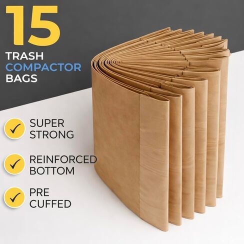 Trash Compactor Bags for Kitchen - 15 PACK - Pre-Cuffed, Super Strong & Heavy Duty Kitchen Trash Bags with Leak Proof Plastic Liner, Fits GE Model Compactors with Rectangular Containers in Saudi Arabia