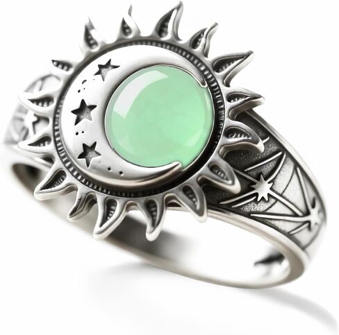 Vintage Sterling Silver Sun Moon Star Ring, Natural Jade Stone, Bohemian Statement Jewelry for Women in Kuwait