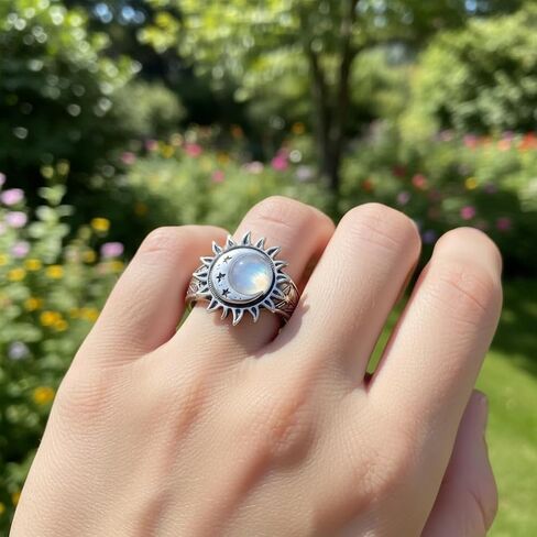 Vintage Sterling Silver Sun Moon Star Ring, Natural Jade Stone, Bohemian Statement Jewelry for Women in Saudi Arabia