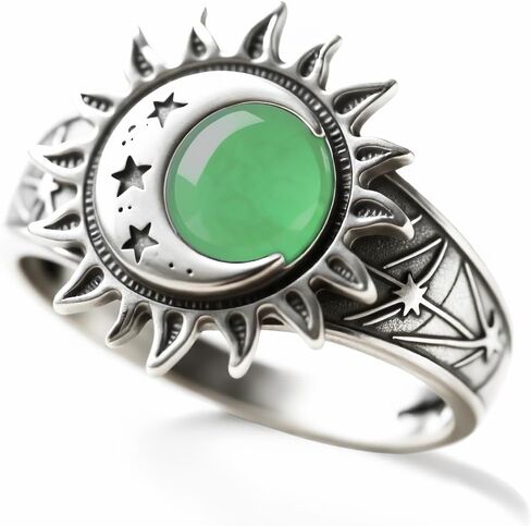 Vintage Sterling Silver Sun Moon Star Ring, Natural Jade Stone, Bohemian Statement Jewelry for Women in Saudi Arabia
