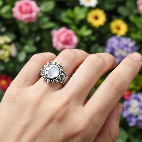 Vintage Sterling Silver Sun Moon Star Ring, Natural Jade Stone, Bohemian Statement Jewelry for Women in Saudi Arabia