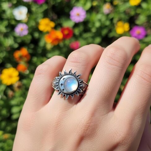 Vintage Sterling Silver Sun Moon Star Ring, Natural Jade Stone, Bohemian Statement Jewelry for Women in Saudi Arabia