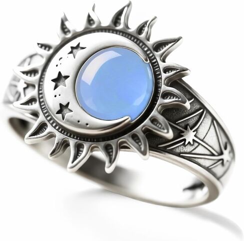 Vintage Sterling Silver Sun Moon Star Ring, Natural Jade Stone, Bohemian Statement Jewelry for Women in Saudi Arabia