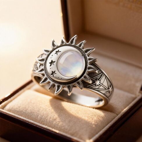Vintage Sterling Silver Sun Moon Star Ring, Natural Jade Stone, Bohemian Statement Jewelry for Women in Saudi Arabia
