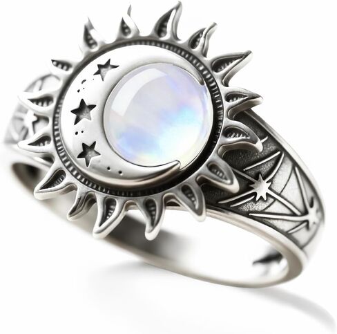 Vintage Sterling Silver Sun Moon Star Ring, Natural Jade Stone, Bohemian Statement Jewelry for Women in Saudi Arabia