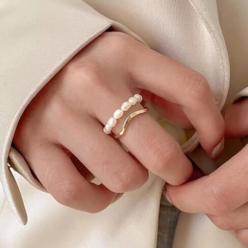Adjustable Freshwater Pearls Open Rings for Women, Dainty 14K Gold Oval Rice Beaded Statement Knuckle Rings Vintage Cute Aesthetic Finger Jewelry in Kuwait