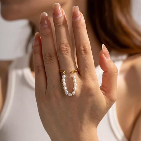 Adjustable Freshwater Pearls Open Rings for Women, Dainty 14K Gold Oval Rice Beaded Statement Knuckle Rings Vintage Cute Aesthetic Finger Jewelry in Kuwait