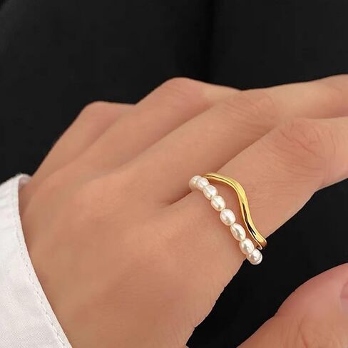 Adjustable Freshwater Pearls Open Rings for Women, Dainty 14K Gold Oval Rice Beaded Statement Knuckle Rings Vintage Cute Aesthetic Finger Jewelry in Kuwait