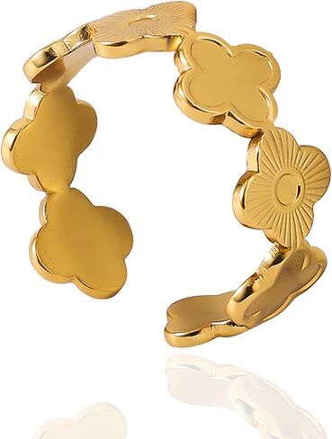 خاتم البرسيم ذو الأربع أوراق، مطلي بالذهب، مقاس قابل للتعديل، لا يسبب الحساسية، مجوهرات ساحرة محظوظة للنساء in Kuwait