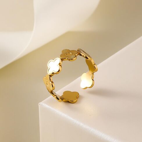 خاتم البرسيم ذو الأربع أوراق، مطلي بالذهب، مقاس قابل للتعديل، لا يسبب الحساسية، مجوهرات ساحرة محظوظة للنساء in Kuwait