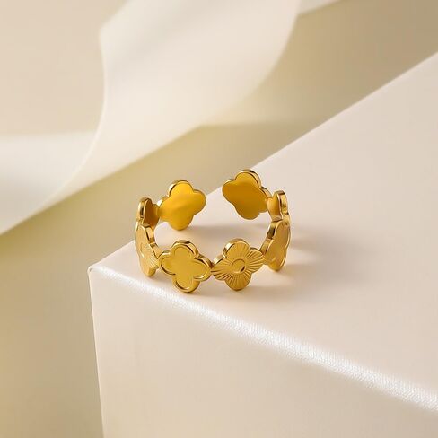 خاتم البرسيم ذو الأربع أوراق، مطلي بالذهب، مقاس قابل للتعديل، لا يسبب الحساسية، مجوهرات ساحرة محظوظة للنساء in Kuwait