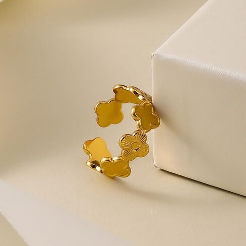 خاتم البرسيم ذو الأربع أوراق، مطلي بالذهب، مقاس قابل للتعديل، لا يسبب الحساسية، مجوهرات ساحرة محظوظة للنساء in Kuwait