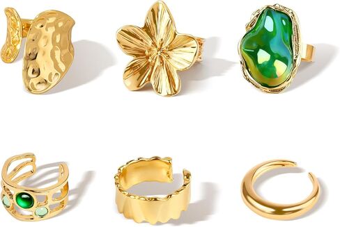 Chunky Gold Rings for Women, Open Adjustable Stackable Rings Set for Women, Baroque Stacking Knuckle Ring, Thick Trendy Statement Ring, 6Pcs Chunky Jewelry in Kuwait