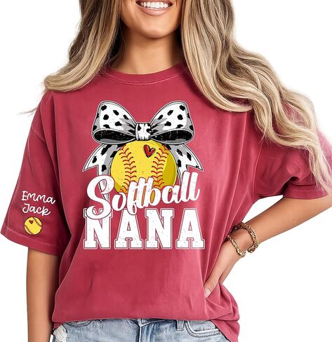 Personalized Softball Nickname T-Shirt, Custom Kidnames on Sleeves, Softball Mom Shirt, Gift for Softball Nana and Mama in Kuwait