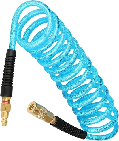 YOTOO Reinforced Polyurethane Recoil Air Hose 1/4" Inner Diameter by 10' Long, Heavy Duty, Flexible Air Compressor Hose with Bend Restrictor, 1/4" Swivel Industrial Quick Coupler and Plug, Blue in Kuwait